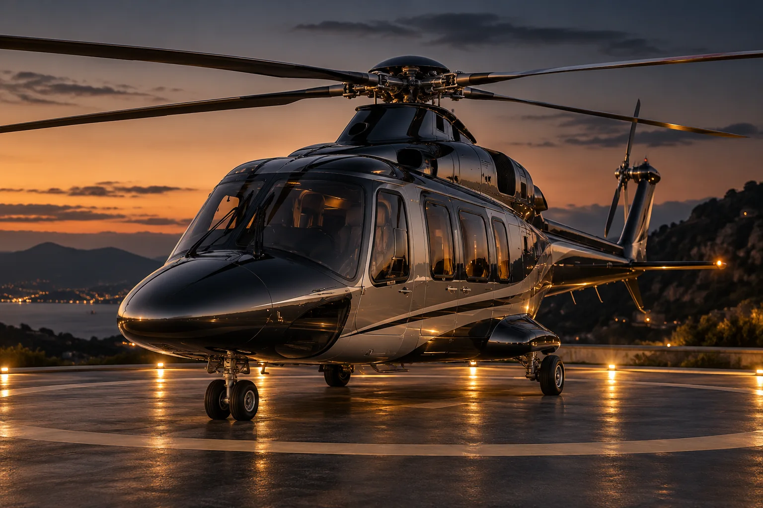 Alacakaranlıkta özel helipad üzerinde executive helikopter