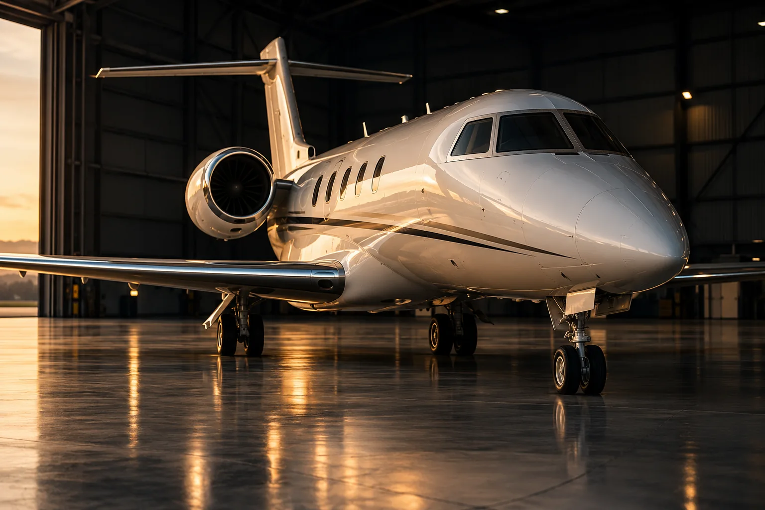 Loş bir hangarda beyaz özel jet